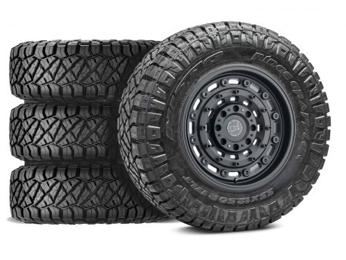 F250/F350 2011-2016 Ford 4WD (w/ 2"-5.5" Lift) - 35x12.50R18 Nitto Ridge Grappler / 18x9.5 Black Rhino Arsenal Textured Matte Black / Tire & Wheel Package (set of 4)