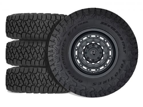 F250/F350 2011-2016 Ford 4WD (w/ 2"-5.5" Lift) - 35x12.50R18 Toyo Open Country RT Trail / 18x9.5 Black Rhino Arsenal Textured Matte Black / Tire & Wheel Package (set of 4)