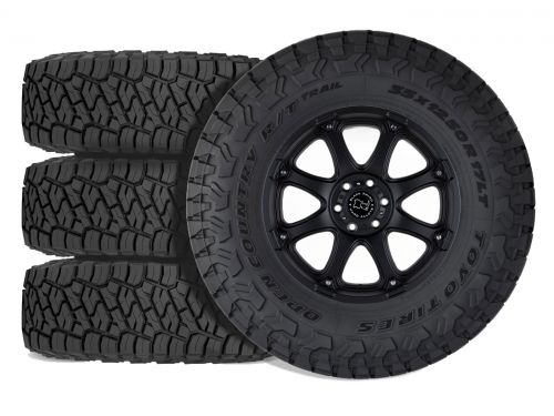 F250/F350 2005-2010 Ford 4WD (w/ 2"-4" Lift) - 35x12.50R18 Toyo Open Country RT Trail / 18x9 Black Rhino Arsenal Textured Matte Black / Tire & Wheel Package (set of 4)