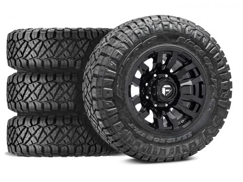 F250/F350 2005-2010 Ford 4WD (w/ 4.5"-7" Lift) - 37x12.50r20 Nitto Ridge Grappler / 20x9 Fuel Blitz Gloss Black / Tire & Wheel Package (set of 4)