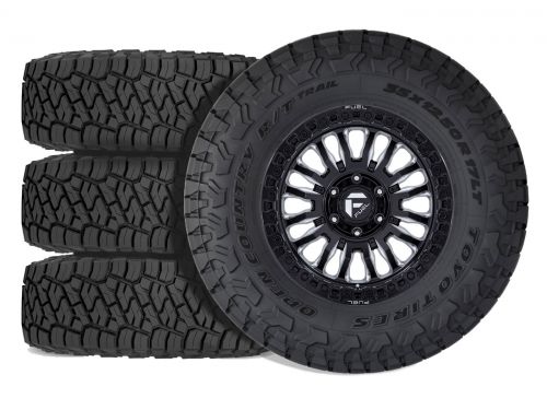 F250/F350 2005-2010 Ford 4WD (w/ 2"-4" Lift) - 35x12.50R18 Toyo Open Country RT Trail / 18x9 Fuel Rincon Gloss Black Milled / Tire & Wheel Package (set of 4)