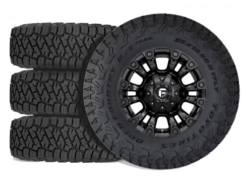 F250/F350 2011-2016 Ford 4WD (w/ 2"-5.5" Lift) - 35x12.50R18 Toyo Open Country RT Trail / 18x9 Fuel Vapor Matte Black / Tire & Wheel Package (set of 4)