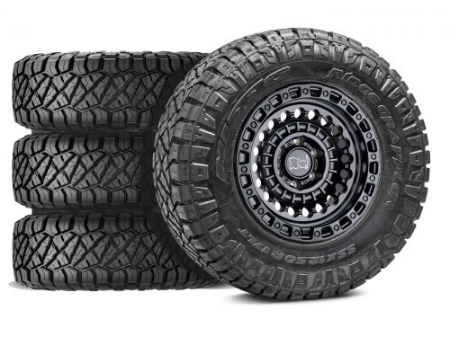 F250/F350 2005-2010 Ford 4WD (w/ 8" Lift) - 37x13.50R20 Nitto Ridge Grappler / 20x9.5 Black Rhino Sentinel Matte Black / Tire & Wheel Package (set of 4)