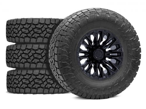 Silverado 2500HD/3500HD 2011-2019 Chevy 4WD (w/2"-2.5" Lift) - 33X12.50R20 Toyo Open Country A/T 3 / 20x9 Fuel Flame Blackout / Tire & Wheel Package (set of 4)