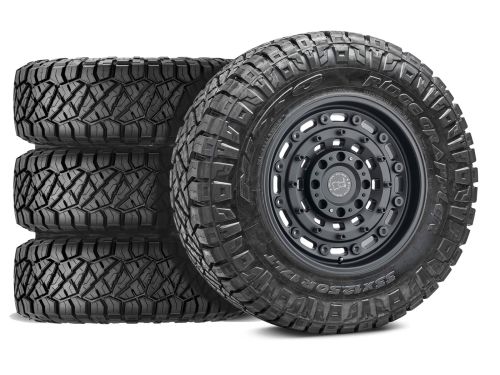 F250/F350 2023-2026 Ford 4WD (w/ 4"-6" Lift) - 37x12.50R18 Nitto Ridge Grappler / 18x9.5 Black Rhino Arsenal Textured Matte Black / Tire & Wheel Package (set of 4)