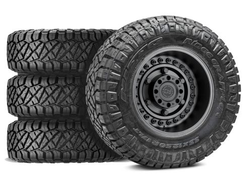 F250/F350 2017-2022 Ford 4WD (w/ 4"-5.5" Lift) - 37x12.50R18 Nitto Ridge Grappler / 18x9.5 Black Rhino Armory Gun Black / Tire & Wheel Package (set of 4)