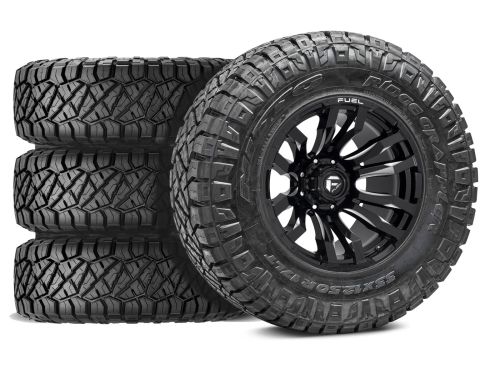 F250/F350 2005-2010 Ford 4WD (w/ 8" Lift) - 38x13.50R20 Nitto Ridge Grappler / 20x10 Fuel Blitz Gloss Black Milled / Tire & Wheel Package (set of 4)
