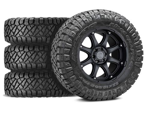 F250/F350 2023-2026 Ford 4WD (w/ 2"-3.5" Lift) - 35x12.50R18 Nitto Ridge Grappler / 18x9 Black Rhino Glamis Matte Black / Tire & Wheel Package (set of 4)