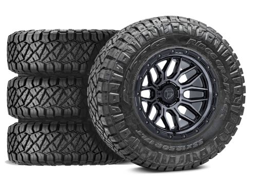 Sierra 2500HD/3500HD 2011-2019 GMC 4WD (w/6.5"-8" Lift) - 37x11.50R20 NItto Ridge Grappler / 20x9 Fuel Surge Gloss Black Machined W/ Gray Tint / Tire & Wheel Package (set of 4)