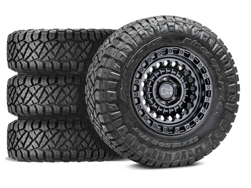 F250/F350 2017-2022 Ford 4WD (w/ 4"-5.5" Lift) - 37x12.50r20 Nitto Ridge Grappler / 20x9.5 Black Rhino Sentinel Matte Black / Tire & Wheel Package (set of 4)