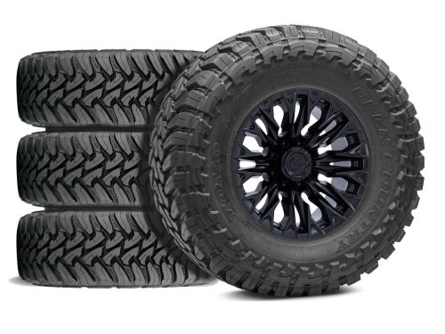 Silverado 2500HD/3500HD 2011-2019 Chevy 4WD (w/2"-2.5" Lift) - 33X12.50R20 Toyo Open Country M/T / 20x9 Fuel Flame Blackout / Tire & Wheel Package (set of 4)